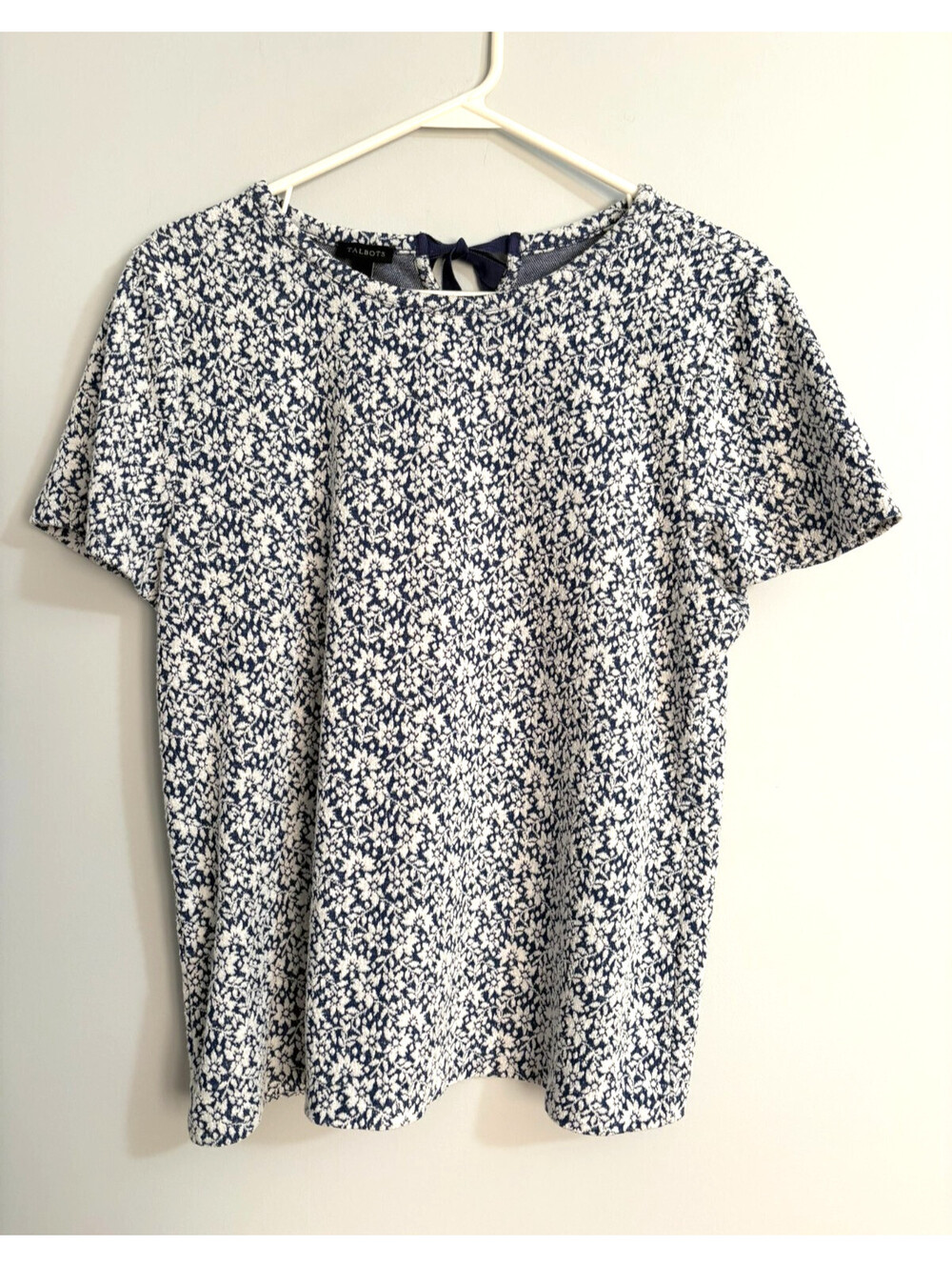 Talbots Floral Short Sleeve Cotton Blend Jacquard Textured Blouse Large